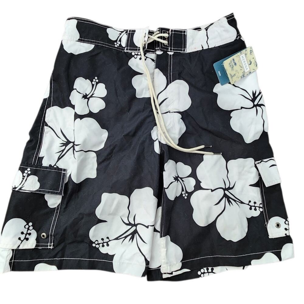 New Merona Men Swim Trunks Medium Men Board Shorts Hawaiian Floral Black White